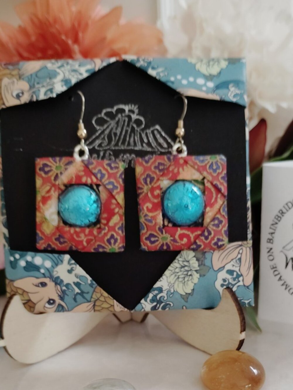 Red Origami Paper Earrings with Blue Murano Glass Cab, Handmade OAK - Picture 3 of 6
